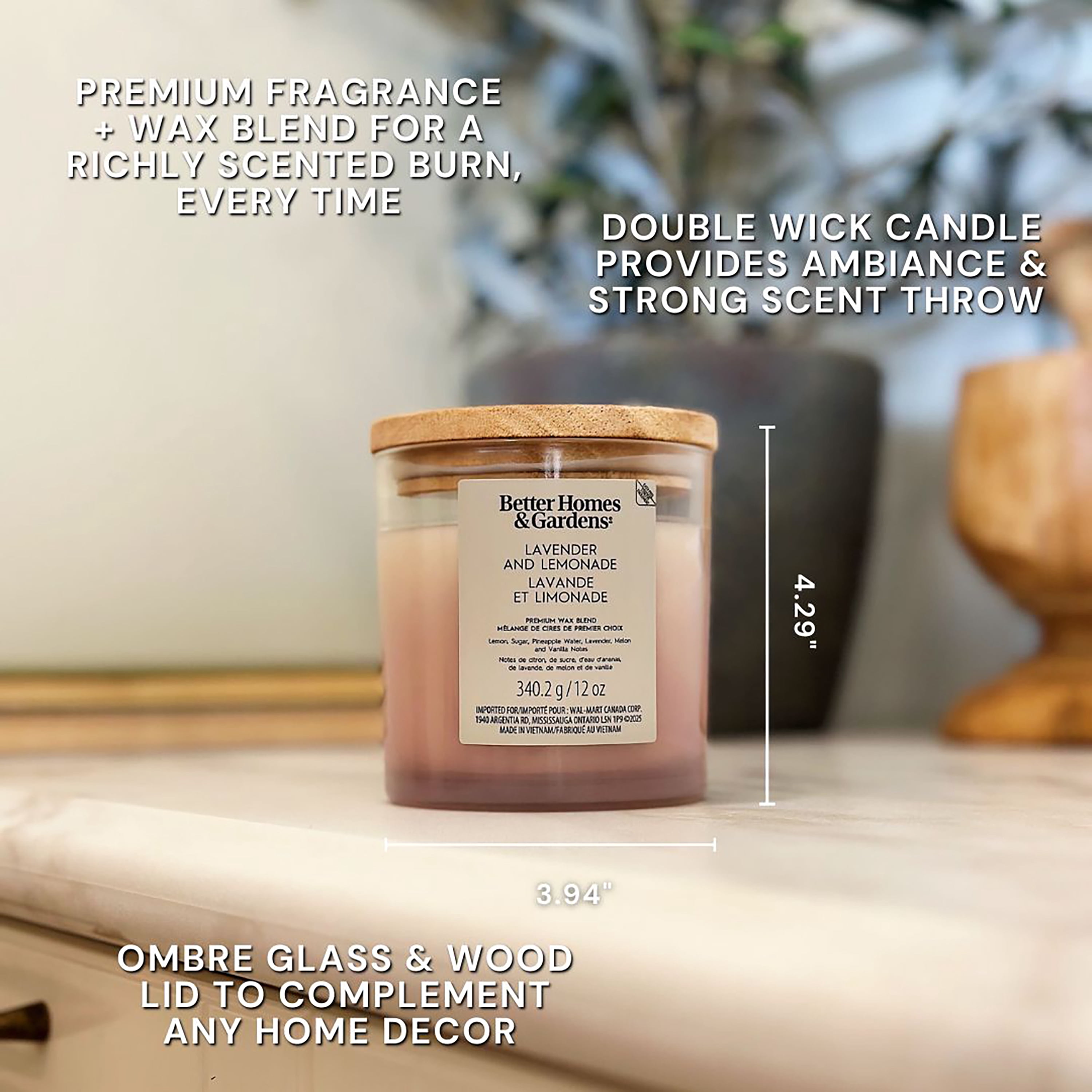 Bougie parfumée en pot ombré à 2 mèches à la cire de paraffine 12 oz Better Homes & Gardens, Lavande et limonade