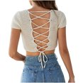 thumbnail image 4 of Square Neck Crop Tops for Women Short Sleeve Crochet Knit Going out Tops Basic Slim Cropped T Shirts, 4 of 4
