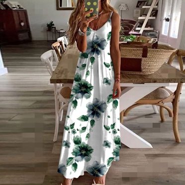 Économies d'Été! Robes d'Été à Fleurs pour Femmes 2024 Décontractées Tendance, Robes à Bretelles Spaghetti pour Femmes à Fleurs, Robes Portefeuille Maxi pour Femmes Boho à Fleurs Robe de Vacances, Robe Maxi de Plage Sans Manches à Col en V pour Femmes