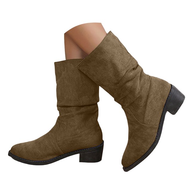 Dakaela Bottes Western Plissées pour Femmes en Suède Style Cowboy Larges Mi-Mollet Bottillons Bout Rond à Enfiler Chaussures de Marche