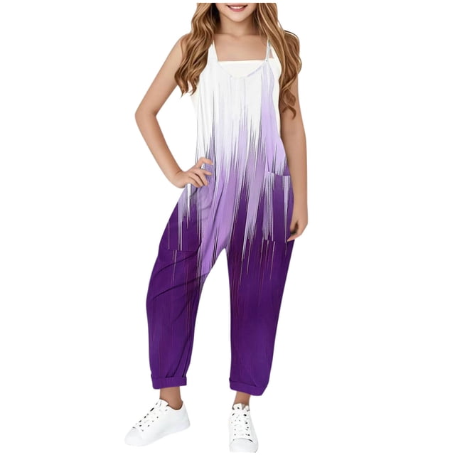 MKOSPLRT One Piece Jumpsuits for Girl V Neck Spaghetti Strap Overalls Color Block Lounge Harem Long Jumpsuits Summer Jumpers with Pokcets