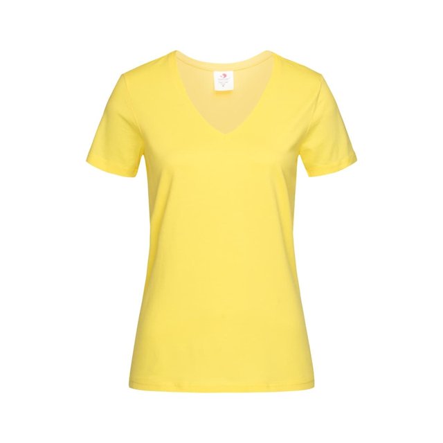 Stedman Womens Classic V Neck Tee in a plain yellow design, made from 100% ringspun cotton with a single jersey knit. Features a ribbed V-neckline with single-needle topstitching, short sleeves with twin needle-stitched cuffs, and double-stitched hem seams. Regular fit with side seams, self-fabric shoulder-to-shoulder taping, and a tearaway satin label. Certified sustainable with Amfori, BSCI, and Oeko-Tex Standard 100 certifications.