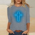 thumbnail image 2 of RKSTN Hauts pour Femmes Mode Décontractée Imprimé Crucifix Col Rond Manches 3/4 T-Shirt Couleur Unie Ajusté Blouse Printemps Été, 2 of 4