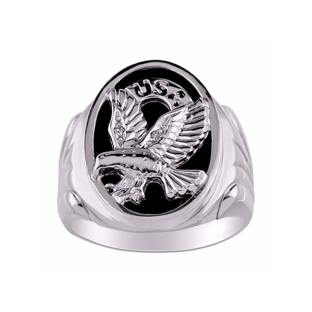 RYLOS Men's Rings 14K White Gold Ring Designer Patriotic Eagle USA Ring With Diamonds and Black Onyx Rings For Men Size 9