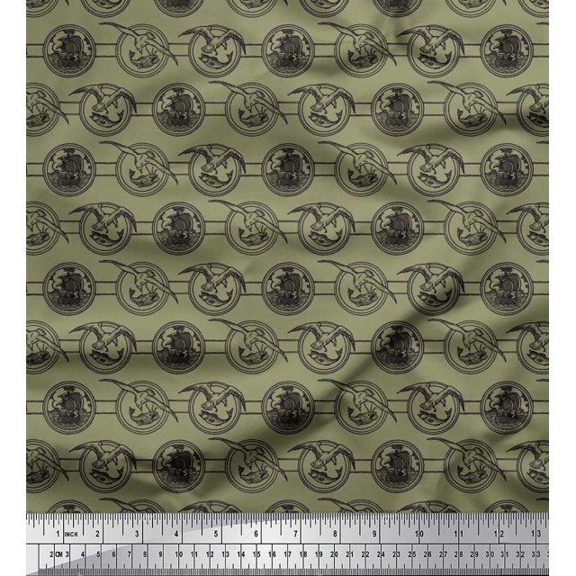 Soimoi Poly Georgette Fabric Bird,Fish & Ship Ocean Printed Fabric 1 Yard 42 Inch Wide