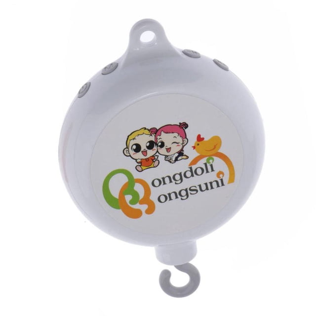 Kids Baby Crib Mobile Musical Bed 35 Melody Music Box Set Replacement with a white ABS plastic body, colorful cartoon graphics, and a hanging hook. Designed for 0-36 months, it plays 35 melodies to entertain infants and boost hearing development. Ideal as a crib toy or infant mobile, it requires 2 AA batteries.