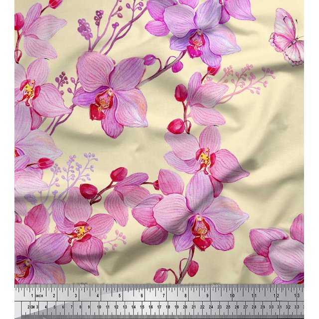 Soimoi Satin Silk Fabric Bird & Orchids Flower Fabric Prints By Yard 42 Inch Wide
