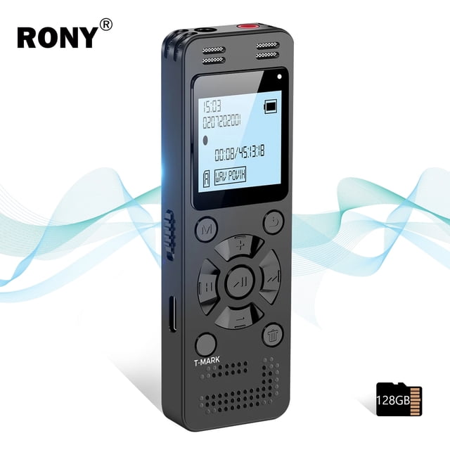 RONY 128GB Digital Voice Recorder with a sleek black design, front-facing display showing recording details, and intuitive buttons for playback, volume control, and recording. Ideal for lectures, meetings, and interviews, it features voice-activated recording, MP3 playback, and a noise cancellation microphone. Offers 9296 hours of storage or 40,000 songs, password protection, and Type-C fast charging.