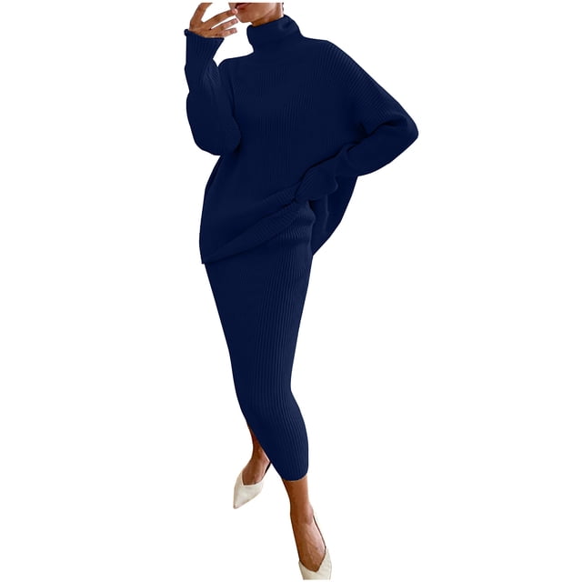 KIHOUT Womens 2 Piece Outfits Solid Color Long Sleeve Loose High Neck Sweater Tops and Skirt Lounge Set