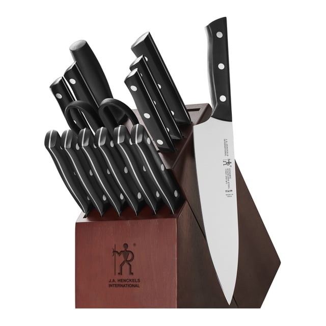 HENCKELS Dynamic 15 Piece Knife Block Set, Brown, featuring a hardwood block housing 15 essential kitchen tools. Includes a 4-inch paring knife, 5-inch serrated utility knife, 5-inch santoku knife, 6-inch utility knife, 8-inch chef's knife, 8-inch bread knife, six 4.5-inch steak knives, kitchen shears, and a 9-inch sharpening steel. Knives are made from high-quality stainless steel with single-piece, precision-stamped blade construction for durability and lightweight maneuverability. The triple-rivet ergonomic handles ensure comfort and balance. Dishwasher safe.