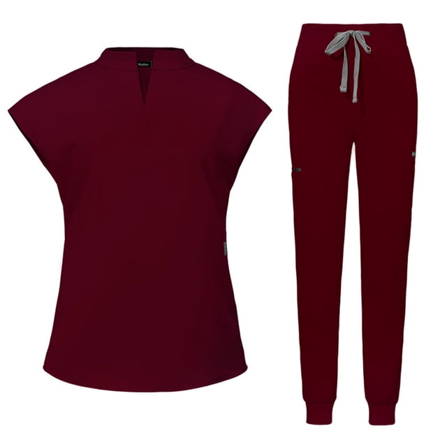 Ensemble de Sarraus pour Femmes, Haut de Sarrau Extensible à Col Montant et Pantalon Jogger à Cordon avec Multiples Poches, Anti-Froissement, Uniforme de Travail Infirmier, Ensemble à Col Montant, Uniforme Confortable, Bourgogne