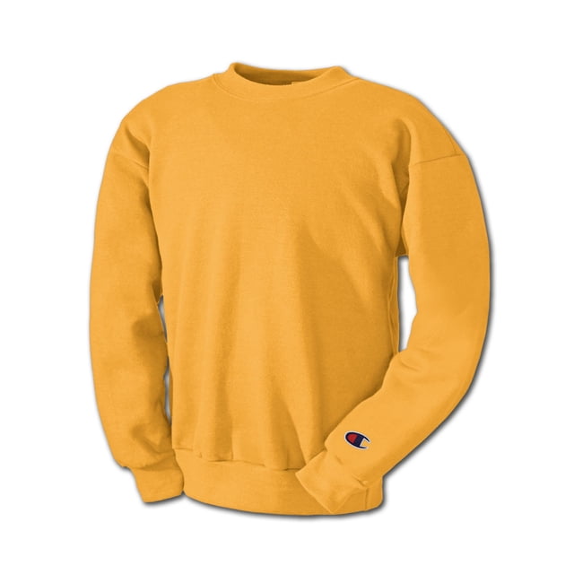 Champion Men's Double Dry Eco Fleece Crew sweatshirt in gold, size M. Features a full athletic fit, set-in armholes, 1x1 rib with spandex, and double-needle stitching. Made with Champion Eco fabric containing up to 5% recycled polyester from plastic bottles. Includes moisture-wicking properties and a C logo on the left sleeve.
