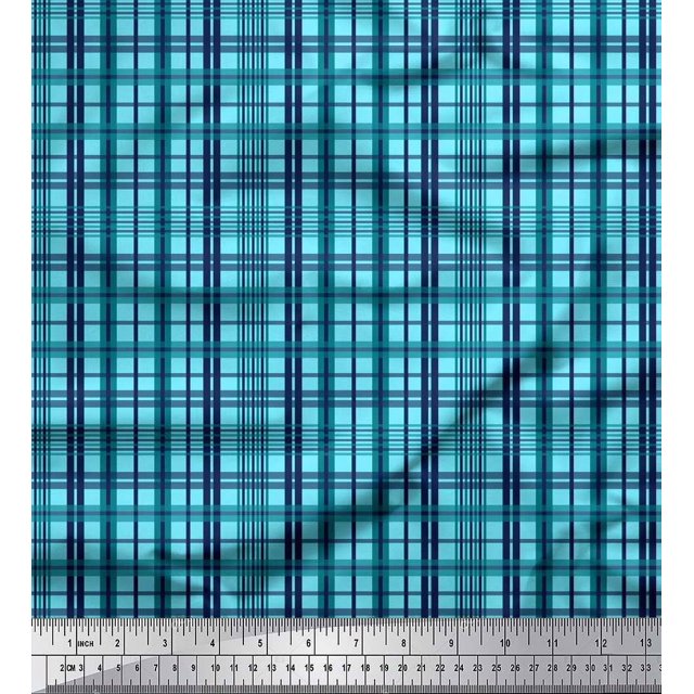 Soimoi Blue Heavy Satin Fabric Check Check Decor Fabric Printed Yard 54 Inch Wide