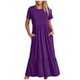 thumbnail image 1 of Penkiiy Robe Maxi Évasée d'Été Décontractée pour Femme à Manches Courtes et Col Ras du Cou, Fluide, Asymétrique, à Étages, Robe de Plage avec Poches, P Violet, 1 of 8