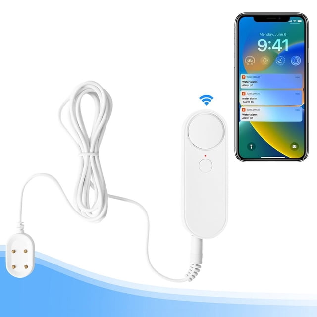 2.4GHz WIFI Water Sensor 90dB Alarm by Coofit, featuring a white plastic body with a 6.56ft sensor line and a double-sided probe. The device is shown alongside a smartphone displaying Tuya APP notifications for real-time water leak monitoring. Designed for detecting water leaks and monitoring water levels, it includes a 90dB alarm and supports 2.4GHz WIFI connectivity for remote alerts.