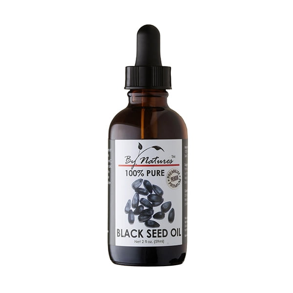 By Natures 100% Pure Black Seed Oil in a 2 fl oz (59 mL) amber glass bottle with a dropper cap. The label features the brand name, product description, and an image of black seeds, emphasizing its use for hair and skin care.
