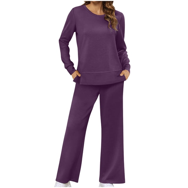 Pisexur Ensemble 2 Pcs pour Femmes, Mode Décontractée, Ensemble de Détente, Couleur Unie, Survêtement Surdimensionné, Col Rond, Chandails à Manches Longues, Hauts à Enfiler, Pantalons Longs Amples, Survêtements