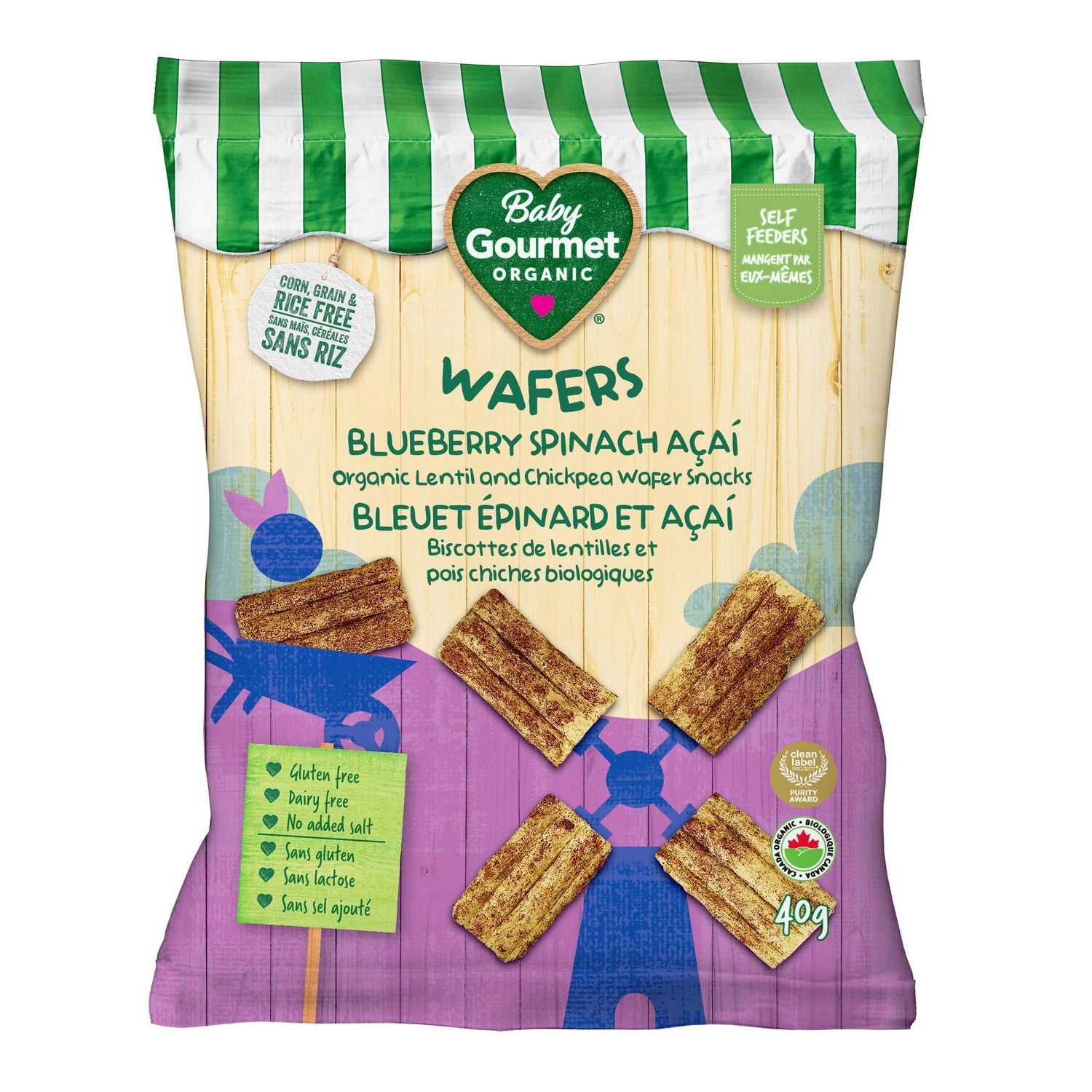 Biscottes de lentilles et pois chiches biologiques bleuet épinard et açaí de Baby Gourmet