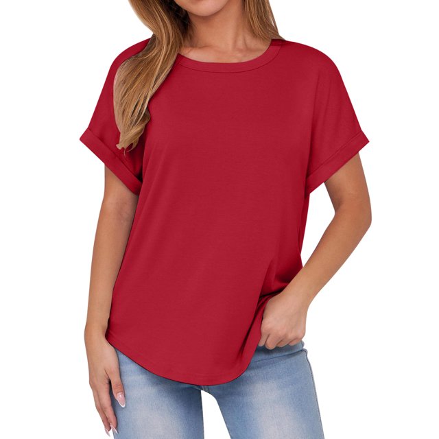Plebaso T-Shirts de Base pour Femmes à Col Rond, Manches Courtes, Coupe Ample, T-Shirts Décontractés Unis, T-Shirts pour Femmes