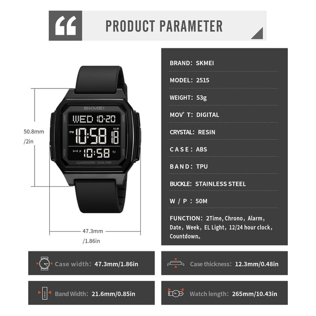 Tauxra Digital Watch Waterproof 50M WR Multifunctional Luminous Alarm Silicone Strap LCD Display For Students Young Adults