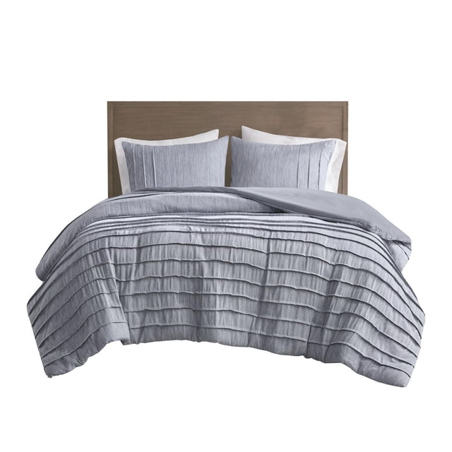 Beautyrest Maddox Ensemble de Housse de Couette Surdimensionnée 3 Pcs en Microfibre Gris Doux Effet Chambray avec Plis Horizontaux, Incluant une Housse de Couette Surdimensionnée et Deux Taies standard avec Fermeture à Boutons Dissimulés et Attaches d'Angle, Affiché sur une Tête de Lit en Bois.