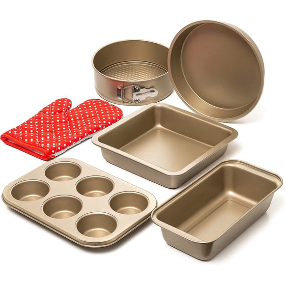5 Piece Baking Pans Set, Carbon Steel Non-Stick PTFE Coating Oven Safe Baking Sheet Set, Bakeware Set with Heat Red Glove, Cookie Sheets for Baking Nonstick Set