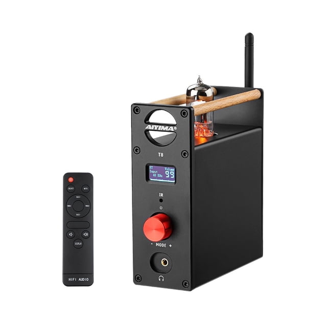 AIYIMA T8 6N3 Digital Tube Preamplifier with Bluetooth 5.0, featuring a sleek black design with a glowing vacuum tube, red volume knob, and digital display. Includes a remote control for convenient operation. Offers multiple input options like Bluetooth, USB, optical, coaxial, and RCA, and supports headphone output for 16-300Ω headphones. Designed for Hi-Fi audio enthusiasts seeking high-quality sound.