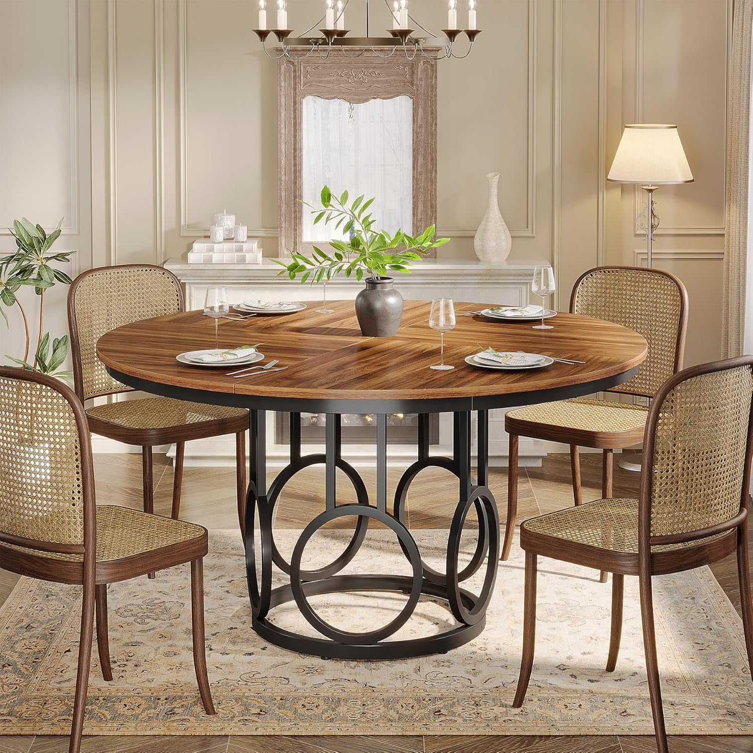 Wooden Round Dining Table, 47-Inch Kitchen Table with Sturdy Metal Base for 4-6 People