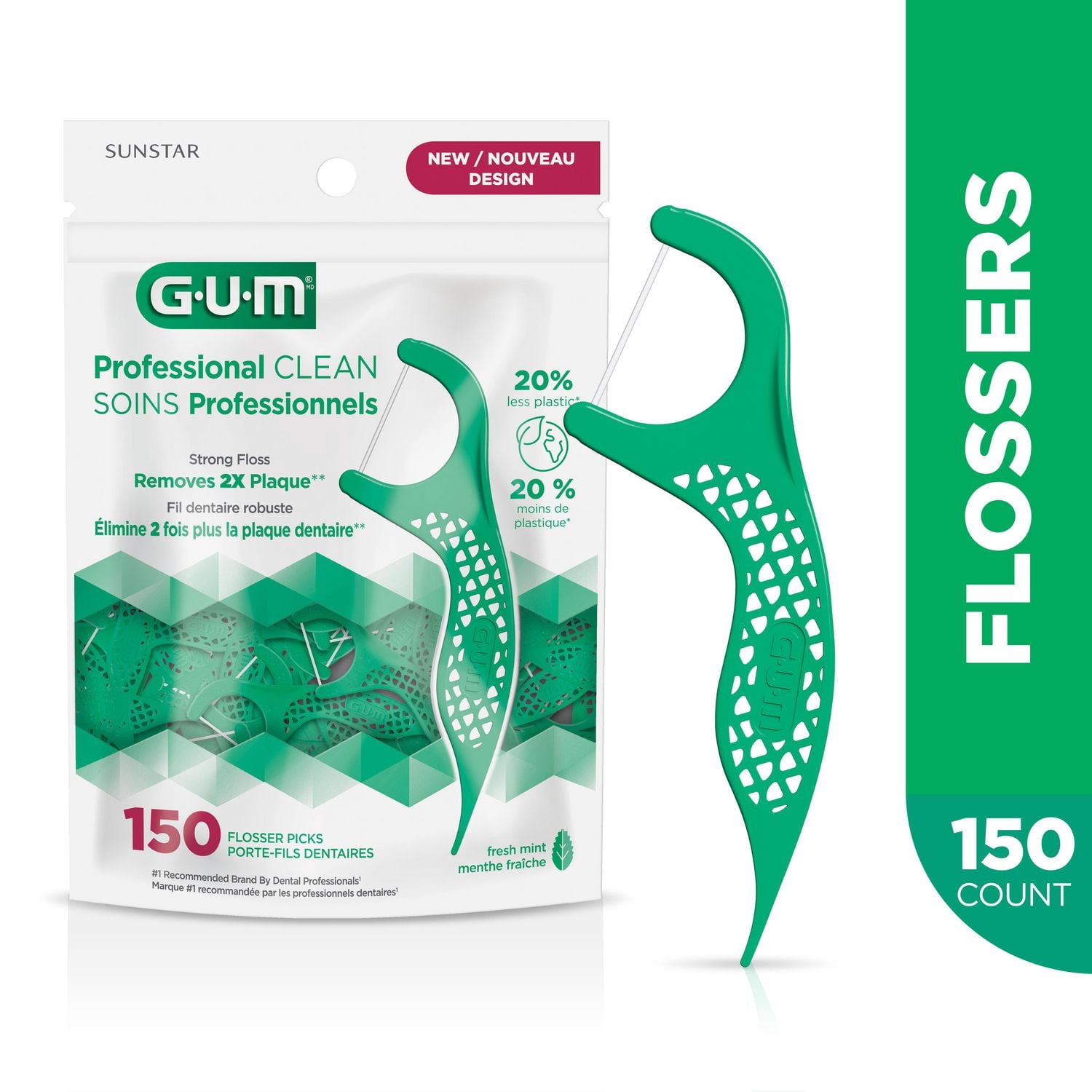 GUM® Professional Clean Flosser, Extra Strong Floss Proven to Remove More Plaque, Fresh Mint Flavour, 150 Count