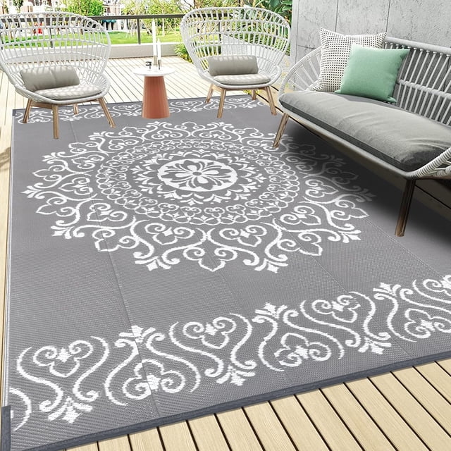 Findosom 6'x9' Waterproof Outdoor Rug, Foldable Reversible Plastic Straw Rug, Large Patio Rug for Outdoors, RV, Patio, Backyard, Deck, Picnic, Beach, Camping Gray