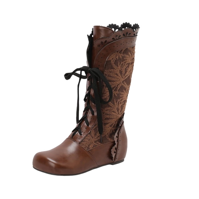 LOVZFMLL Bottes pour Femmes Mi-Mollet Bottes d'Hiver à Lacets Bout Rond Sangles Ajustables Talon Plat Mode Automne Hiver Bottes Chaussures