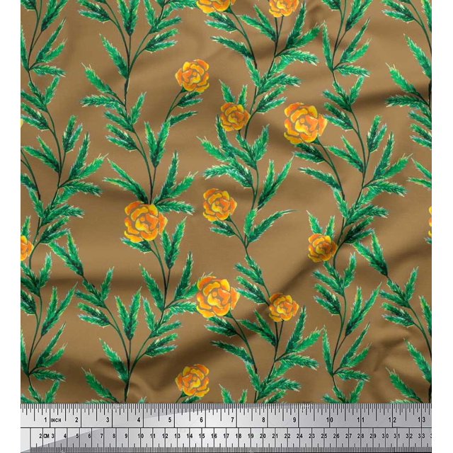 Soimoi polyester Crepe Fabric Leaves & Rose Floral Printed Fabric 1 Yard 52 Inch Wide