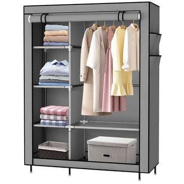Portable Clothes Wardrobe Closet Organizer, 41.3 Inch Wide Non-Woven Freestanding Garment Storage Cabinet with Hanging Rail & 6 Storage Shelves for Bedroom Dorm Apartment, Grey