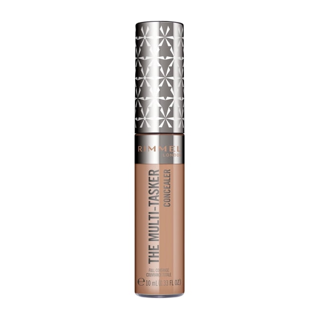 Rimmel Multi-Tasker Concealer in a 10 ml (0.33 fl oz) cylindrical tube with a silver geometric patterned cap, featuring a blendable, full coverage formula that is crease-proof, transfer-proof, and waterproof, ideal for concealing blemishes and brightening dark circles with longwear hydration.