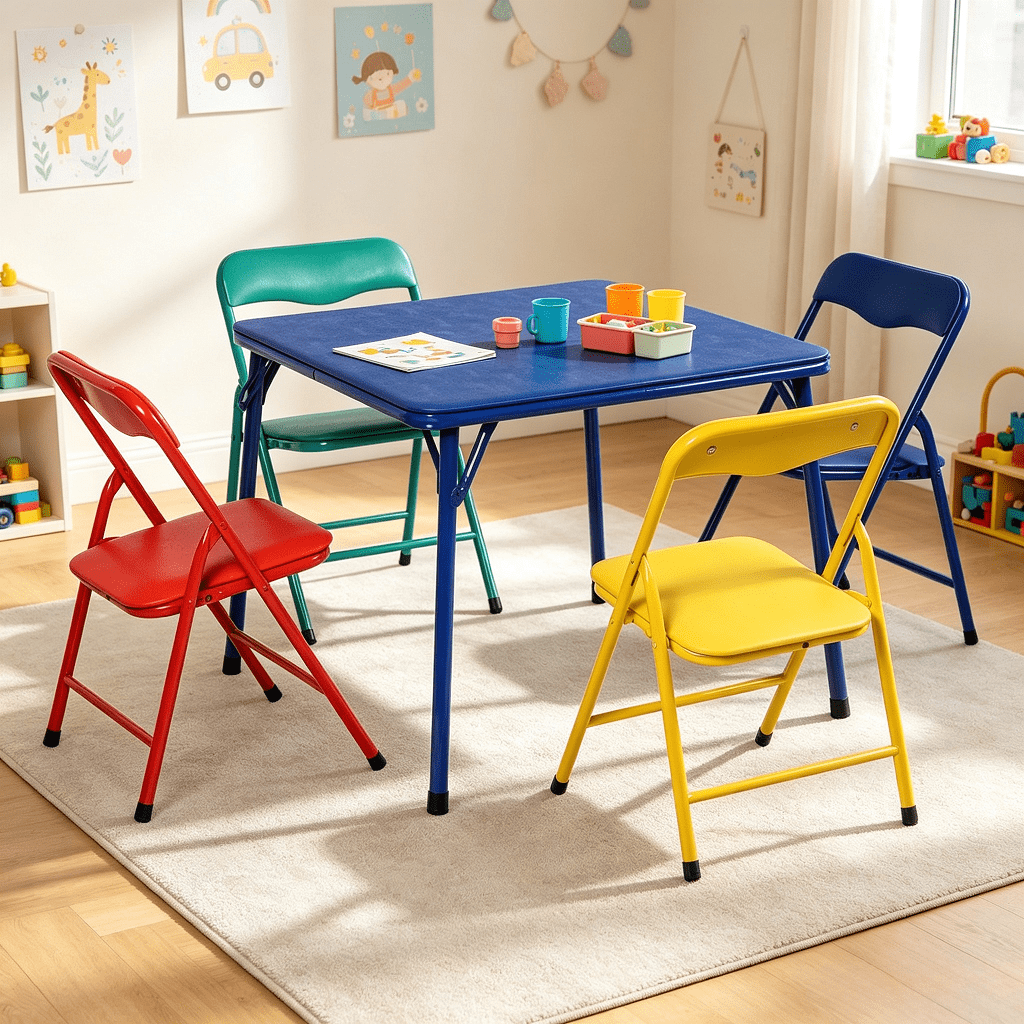 Homy Casa 5-Piece Preschool Activity Table Set, Foldable 24-Inch Kids Table with 4 Colourful Steel Frame Chairs