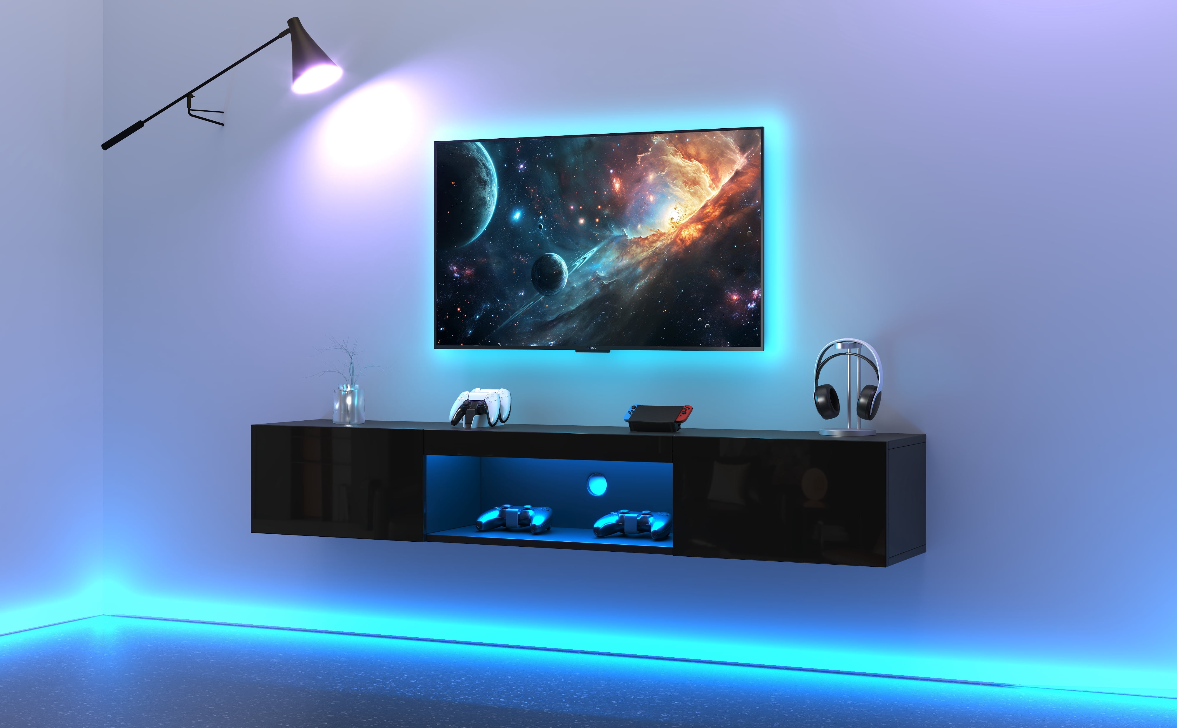 Meuble télé suspendu Noble House 160 cm avec éclairage DEL, pour téléviseur 178 cm, noir