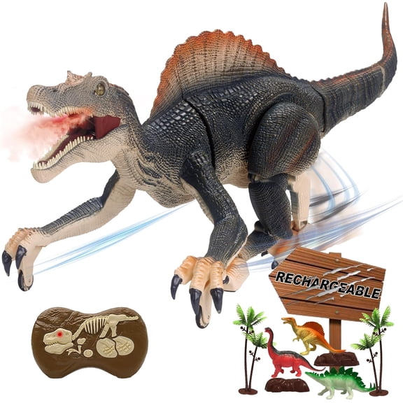 Remote Control Dinosaur Toys for Boys Electronic RC Spray Raptor Toy Walking Roaring Jurassic Spinosaurus Realistic 18.1" Dino Rechargeable Birthday Gift for Kids 3 4 5 6 7 8
