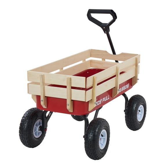 KFFKFF Pull-Along Wagon for Kids, 39 inch Toddler Wagons with Wooden Panels & Handle, Supports up to 330 lbs, Red