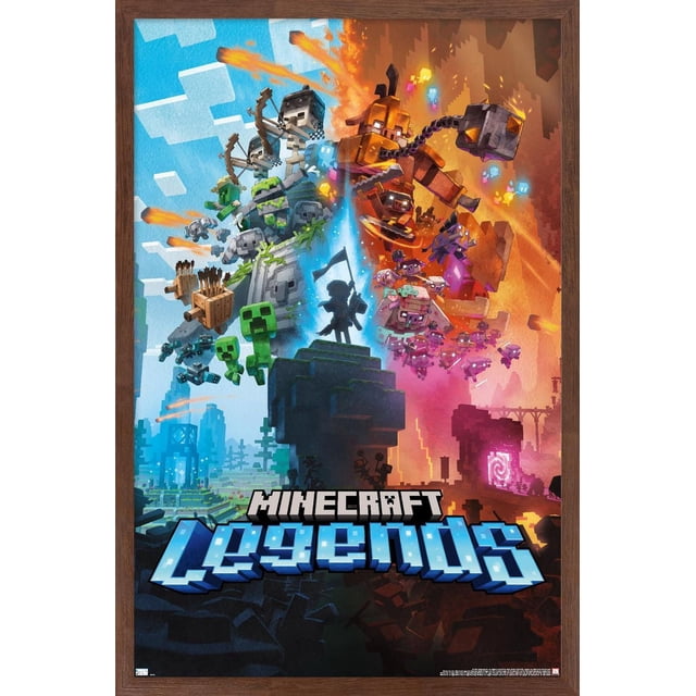 Minecraft: Legends - Key Art Wall Poster, 22.375" x 34", depicts a split scene with pixelated Minecraft mobs. The left side shows blue and green creepers and skeleton archers under a bright sky, while the right side features fiery orange piglins and a chained golem. A central warrior silhouette stands on a stone pedestal dividing the two sides. Printed on glossy paper, ideal for gaming room décor.