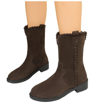 Rokment Bottes Vintage Mi-Mollet Automne Hiver pour Femmes en Suède à Talon Bas Épais Mollet Grand Bottes Hautes de Cowboy d'Équitation