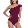 thumbnail image 3 of Ruffled Bathing Suits, Pure Color One Piece Swimsuit One Shoulder Asymmetric  For Women For Vacation Wine Red M, 3 of 6