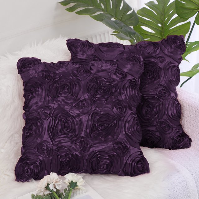 REGALWOVEN Decorative Throw Pillow Covers 3D Satin Rose Flower Shells Cushion Covers, 2Pcs, 16"x16" Purple