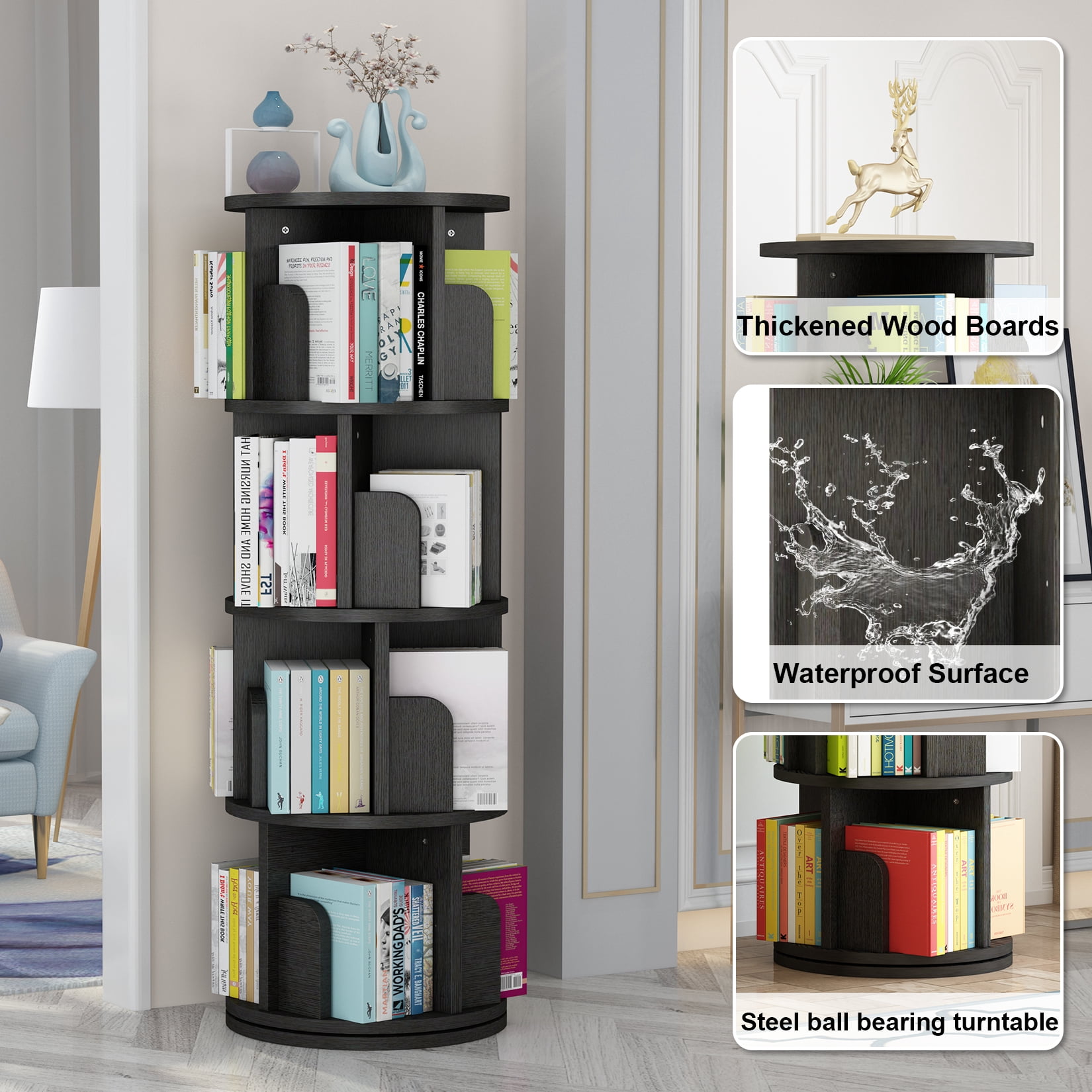 Zzistar Bedroom Rotating Bookshelf 51.2", 360 Display 4 Tier Small Corner Book Shelf Organizer, Floor Standing Storage Rack White Wood Bookcase for Kids and Adults
