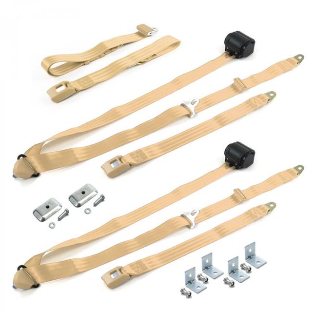 Chevy Corvair 1960-1969 Standard 3 Point Tan Retractable Bench Seat Belt Kit with Bracketry - 3 Belts