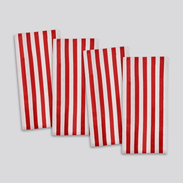 Mainstays Cabana Stripe Decorative Beach Towels 4-pack in red, folded with vertical red and white stripes, made of soft, absorbent 100% cotton, each 30 x 60 inches, machine washable and ideal for beach, pool, or backyard use, also suitable as picnic blankets.