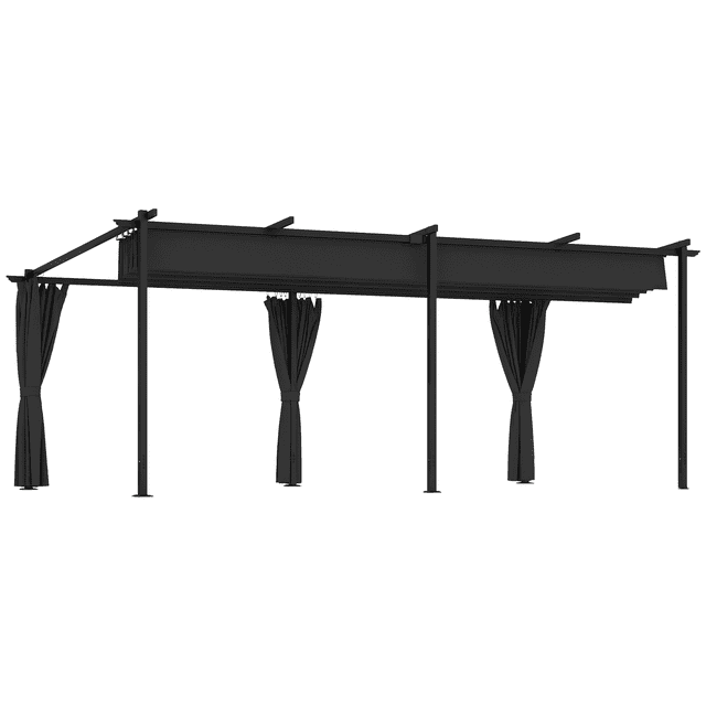 Outsunny 10' x 20' Metal Pergola with Retractable Canopy and Sidewalls in dark grey. Designed for outdoor living, it features a retractable UPF30+ canopy for sun and splash protection, adjustable for optimal comfort, and three side curtains for privacy. Powder-coated metal columns ensure durability, making it ideal for garden retreats or gatherings.