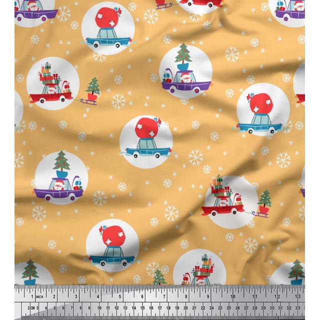 Soimoi Modal Satin Fabric Gift Box,Car & Santa Christmas Print Fabric by The Yard 42 Inch Wide