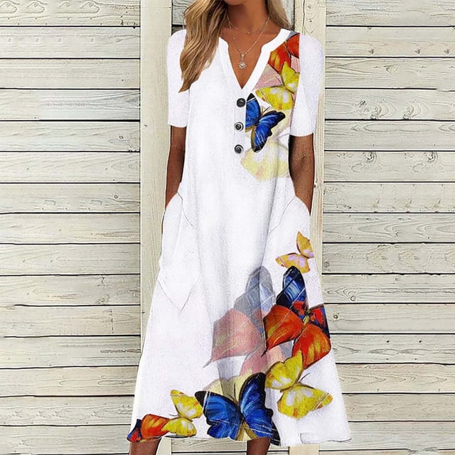 Pisexur Robe à Manches Courtes à Col en V Longueur Genou Mode Femmes Été Imprimé Décontracté Col en V Bouton Manches Courtes Vacances Poches Robe Femmes Robe en Liquidation