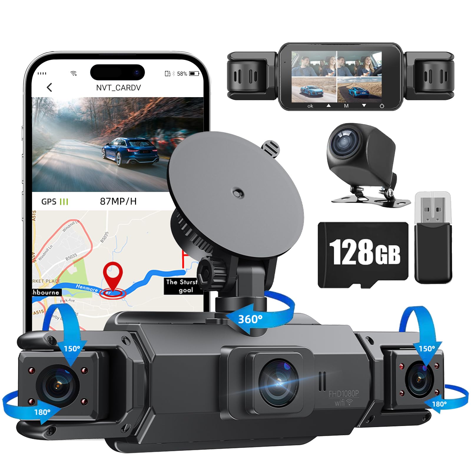 360 Dash Cam Front and Rear Inside,4 Channel Dash Cam 2025,2.5K+1080Px3 Dash Camera for Cars 24/7 Night Vision,360 Car Camera Built-in GPS,5G WiFi,Lo