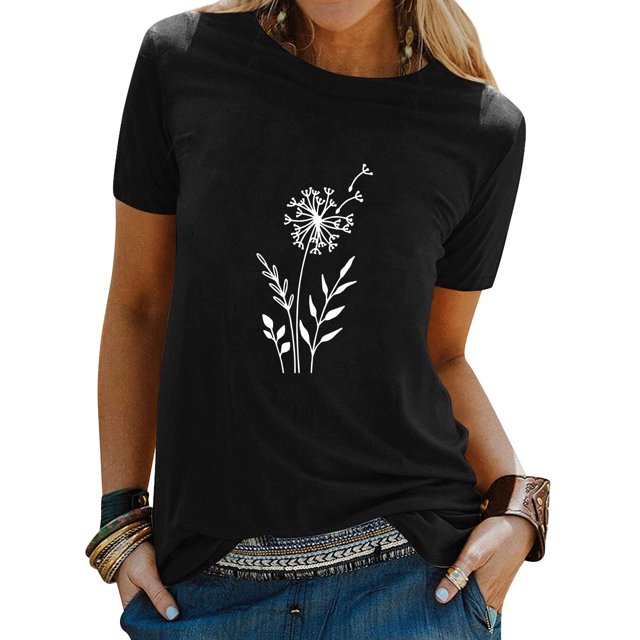 T-shirt Uni à Manches Courtes Imprimé Pissenlit pour Femme